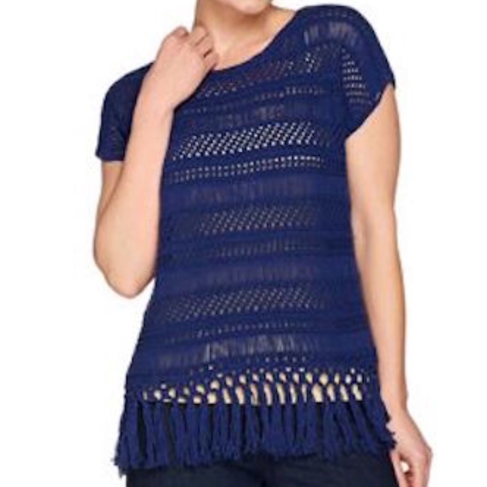 Knit Crochet Drop Shoulder Top Tassel Trim Navy XL